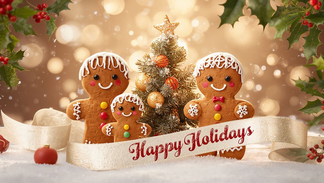 Gingerbread Family Around Mini Christmas Tree With Happy Holidays Ribbon and Snow Bokeh