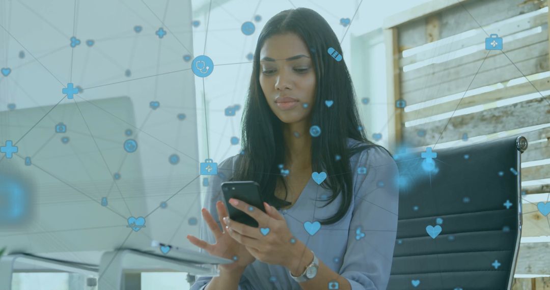 Woman Engaging with Global Network on Smartphone in Office