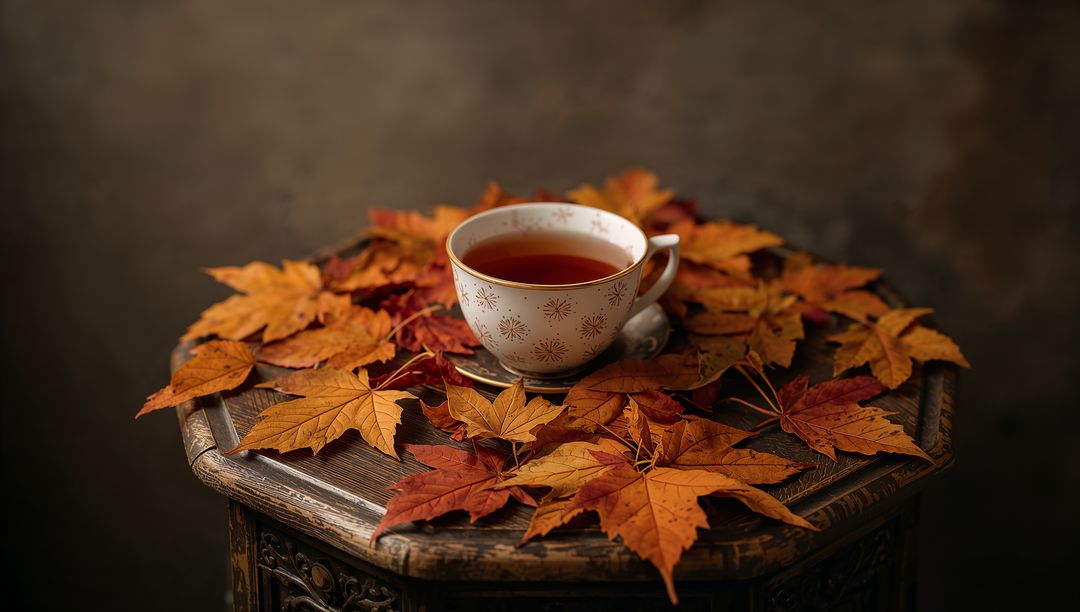 Gold-rimmed porcelain teacup sitting on octagonal carved wooden table with maple leaves framing autu
