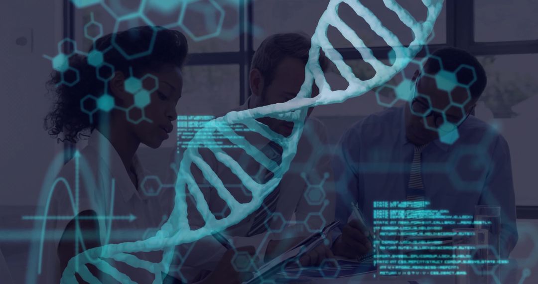 Scientist Team Analyzing Data with DNA Hologram in Modern Lab
