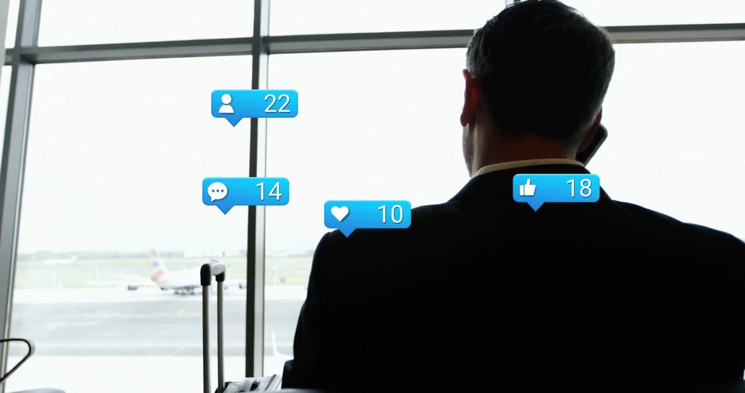 Businessman in Airport with Social Media Notifications