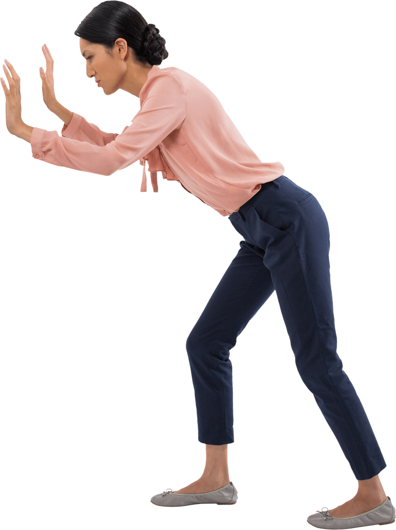 Confident Businesswoman Pushing Invisibly Transparent Wall