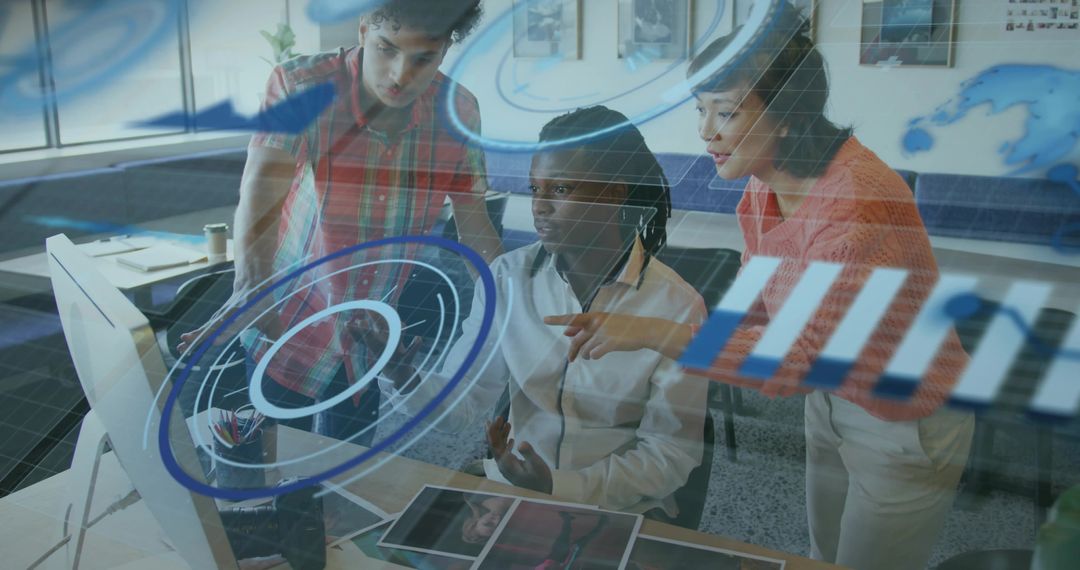 Team of Engineers Analyzing Holographic Data in High-Tech Office