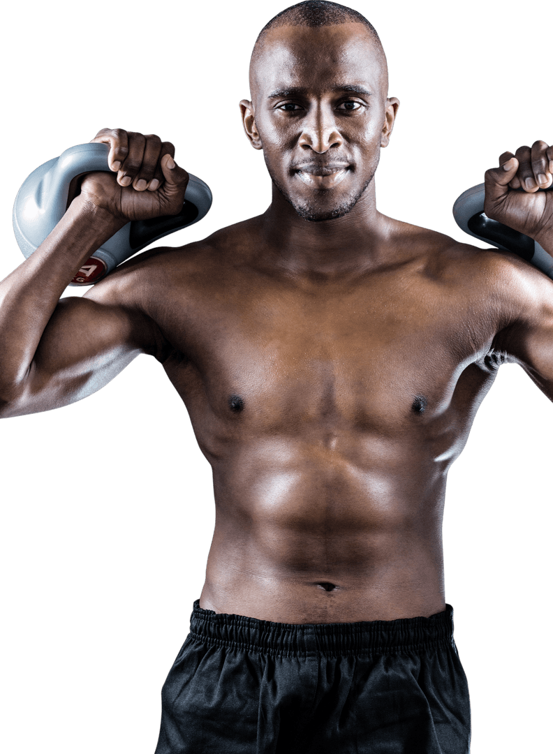 Strong Athletic Man Lifting Kettlebells on Transparent Background