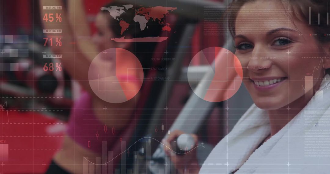 Smiling Woman Working Out with Digital Data Overlays in Gym