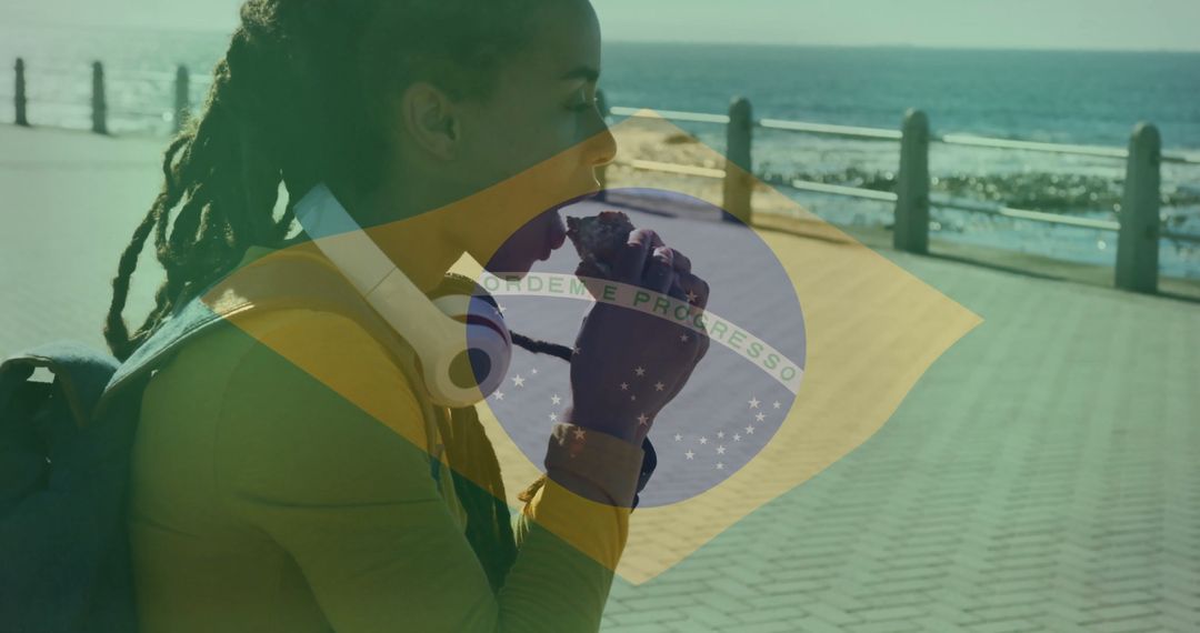Woman Relaxing on Seaside Walkway Eating Snack