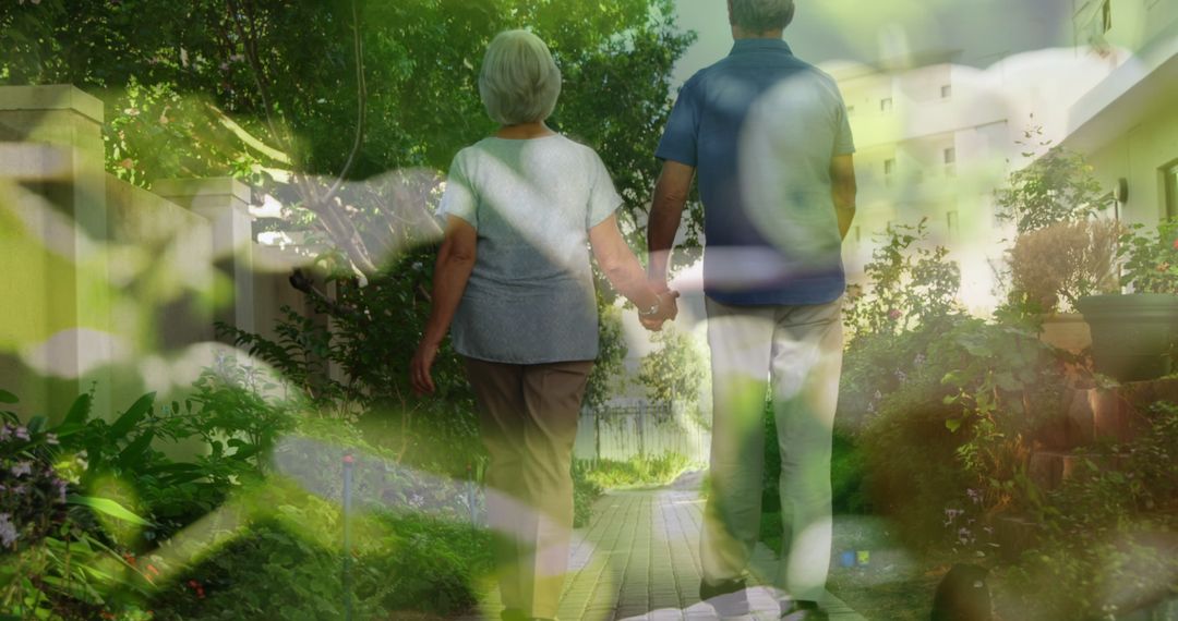 Composite image of close up of leaves against senior couple holding hands walking in the garden - Free Images, Stock Photos and Pictures on Pikwizard.com