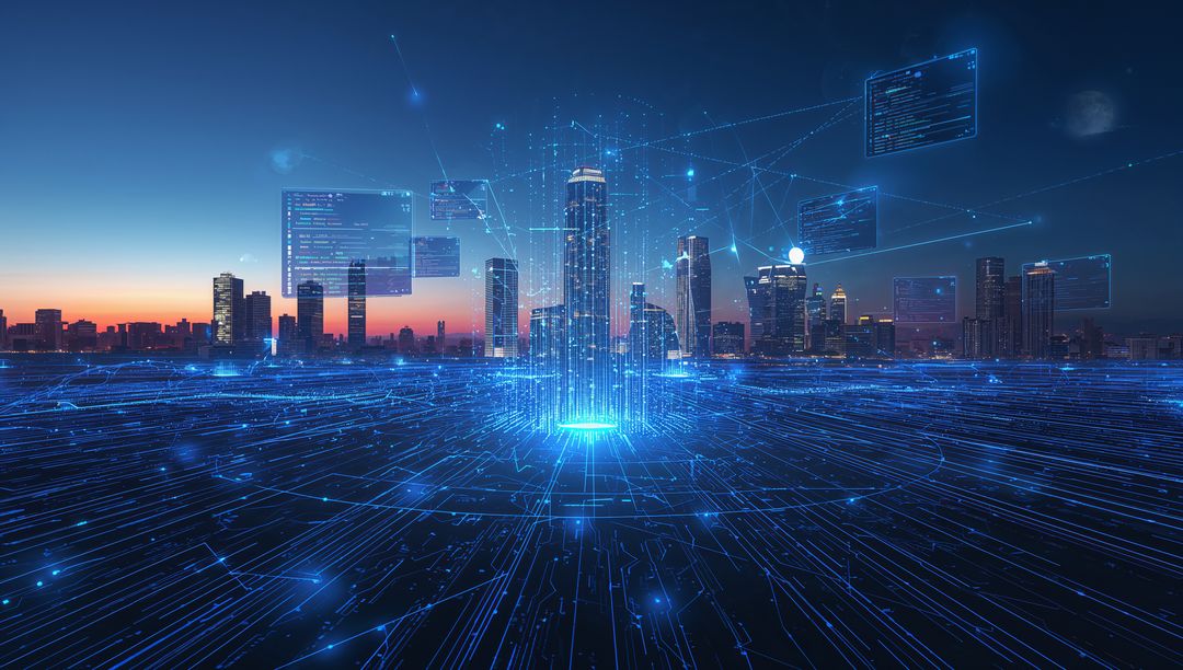 Futuristic Smart City with Holographic Data Network at Dusk