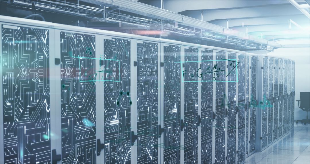 Mathematical Equations Overlaying Network of Server Racks in Tech Room