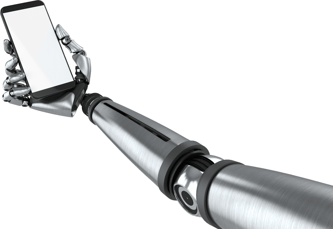 Futuristic Robotic Arm Grasping Smartphone on Transparent Background