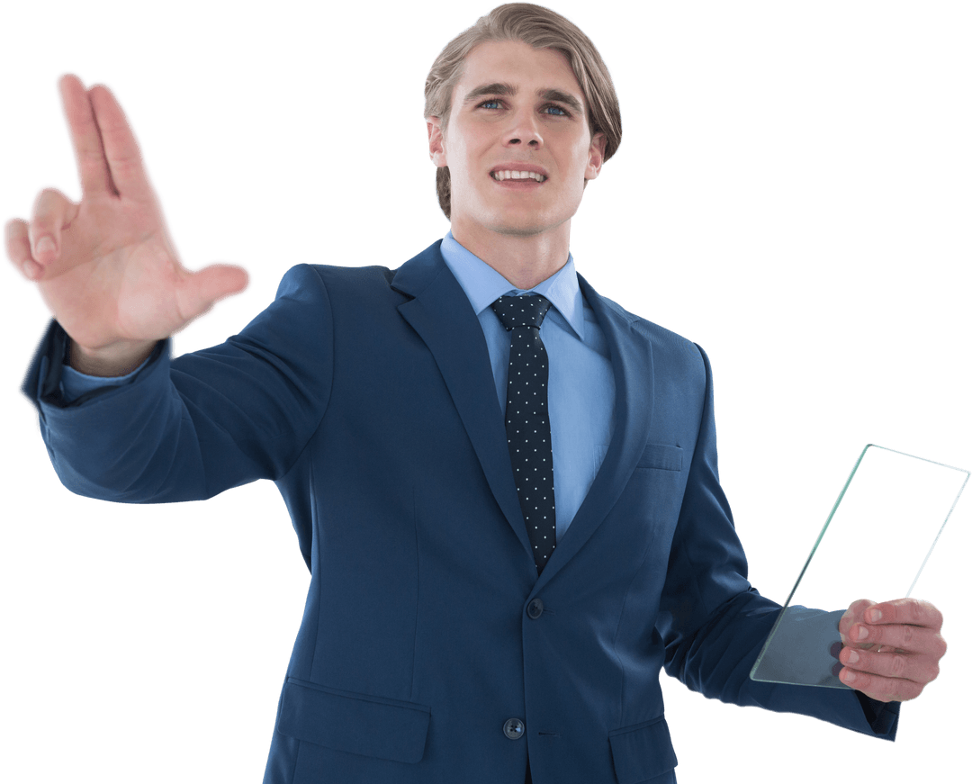 Businessman Utilizing Transparent Touchscreen Interface