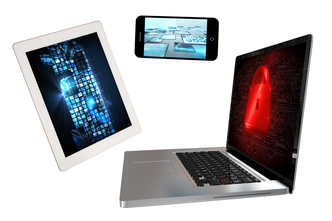 Transparent Devices Floating: Laptop, Smartphone, Tablet on White