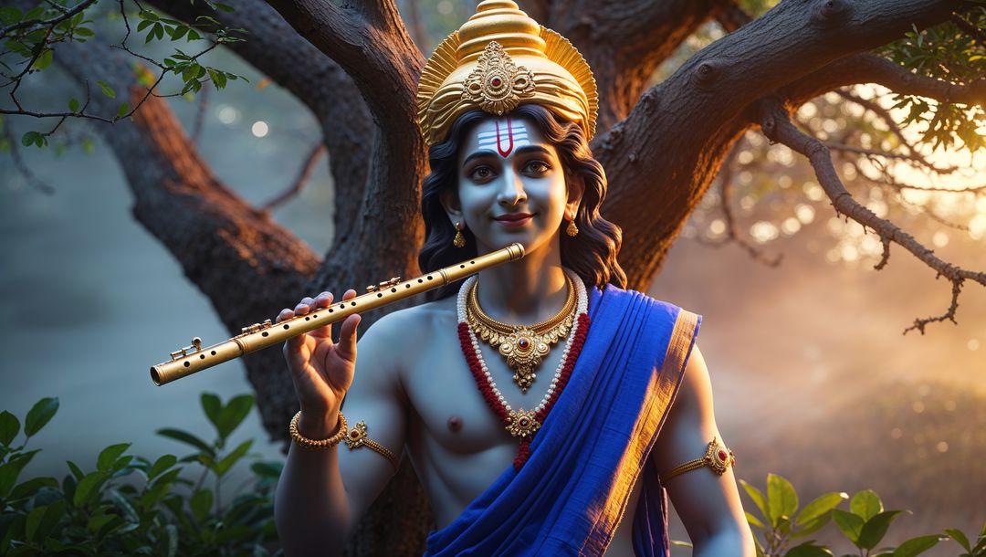 Mythological Blue Deity with Flute in Serene Forest