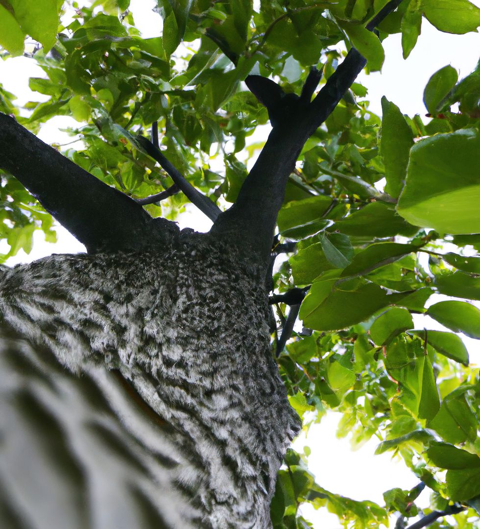 Upward view of tree trunk covered in thick, green foliage - Free Images, Stock Photos and Pictures on Pikwizard.com