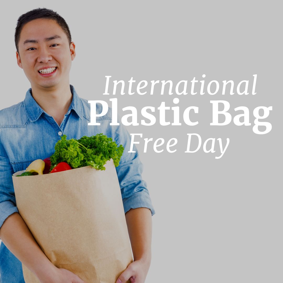 Smiling Man Holding Paper Bag for International Plastic Bag Free Day