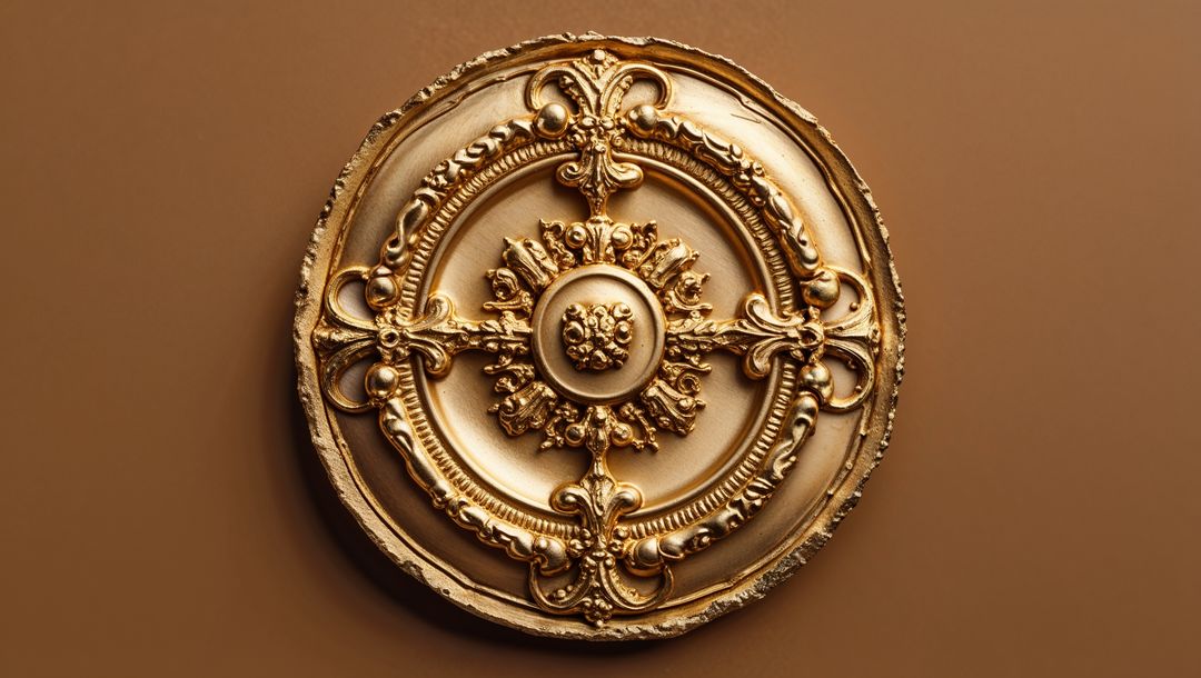 Ornate Gold Medallion Featuring Scrollwork and Detailing
