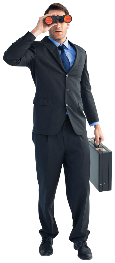 Transparent Business Executive Holding Briefcase Using Binoculars