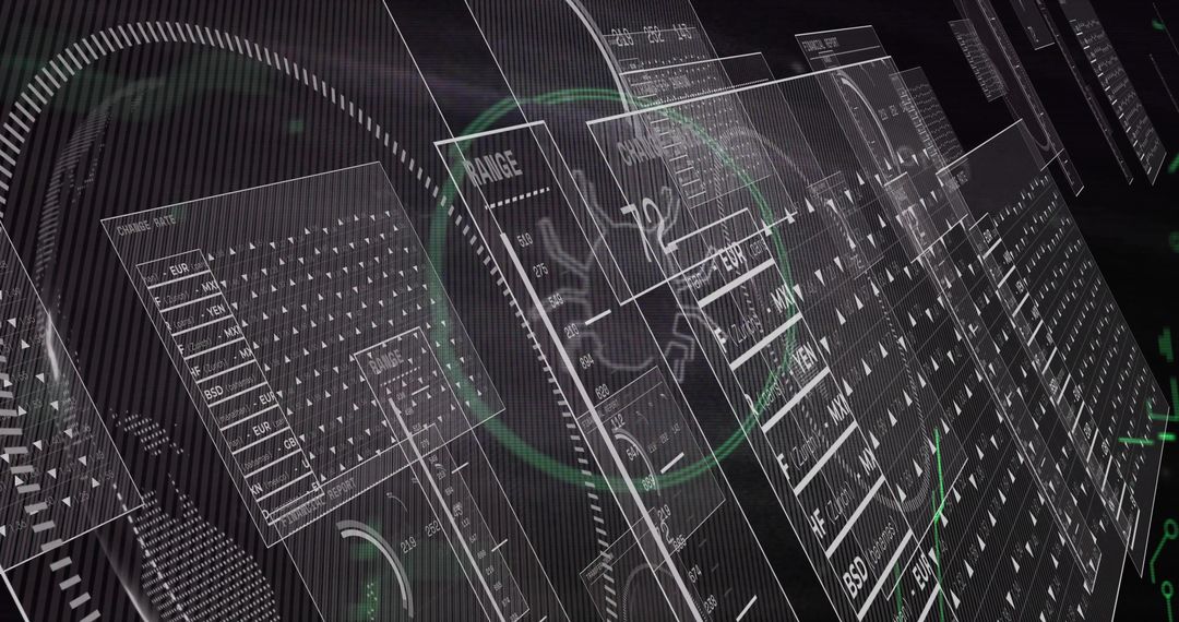Futuristic HUD displaying layered wireframe panels, radar rings and green readouts