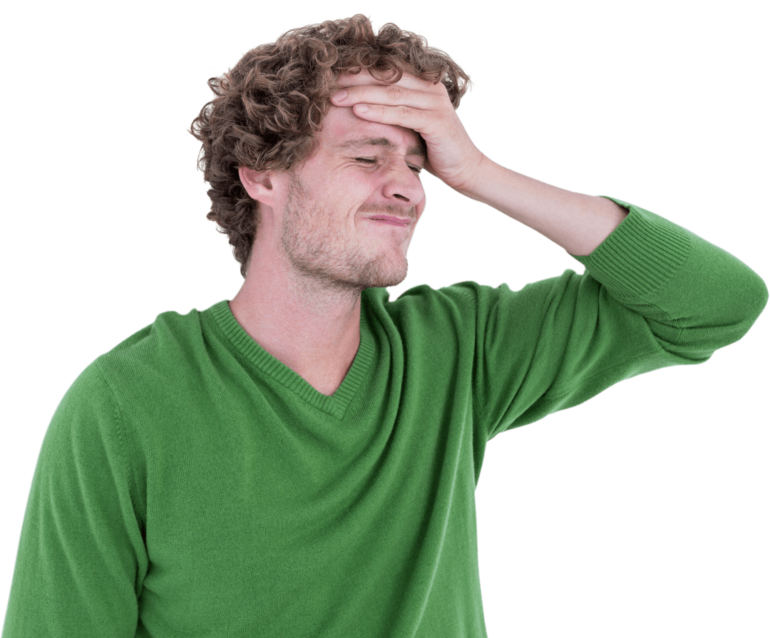 Worried Man with Hand on Forehead in Casual Green Sweater - Transparent