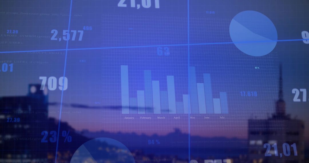 Futuristic Cityscape with Digital Data Analytics Overlay