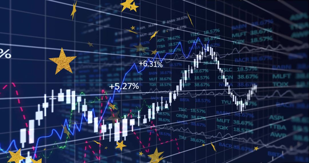 Digital Financial Data Visualization with Candlestick Chart and Star Icons