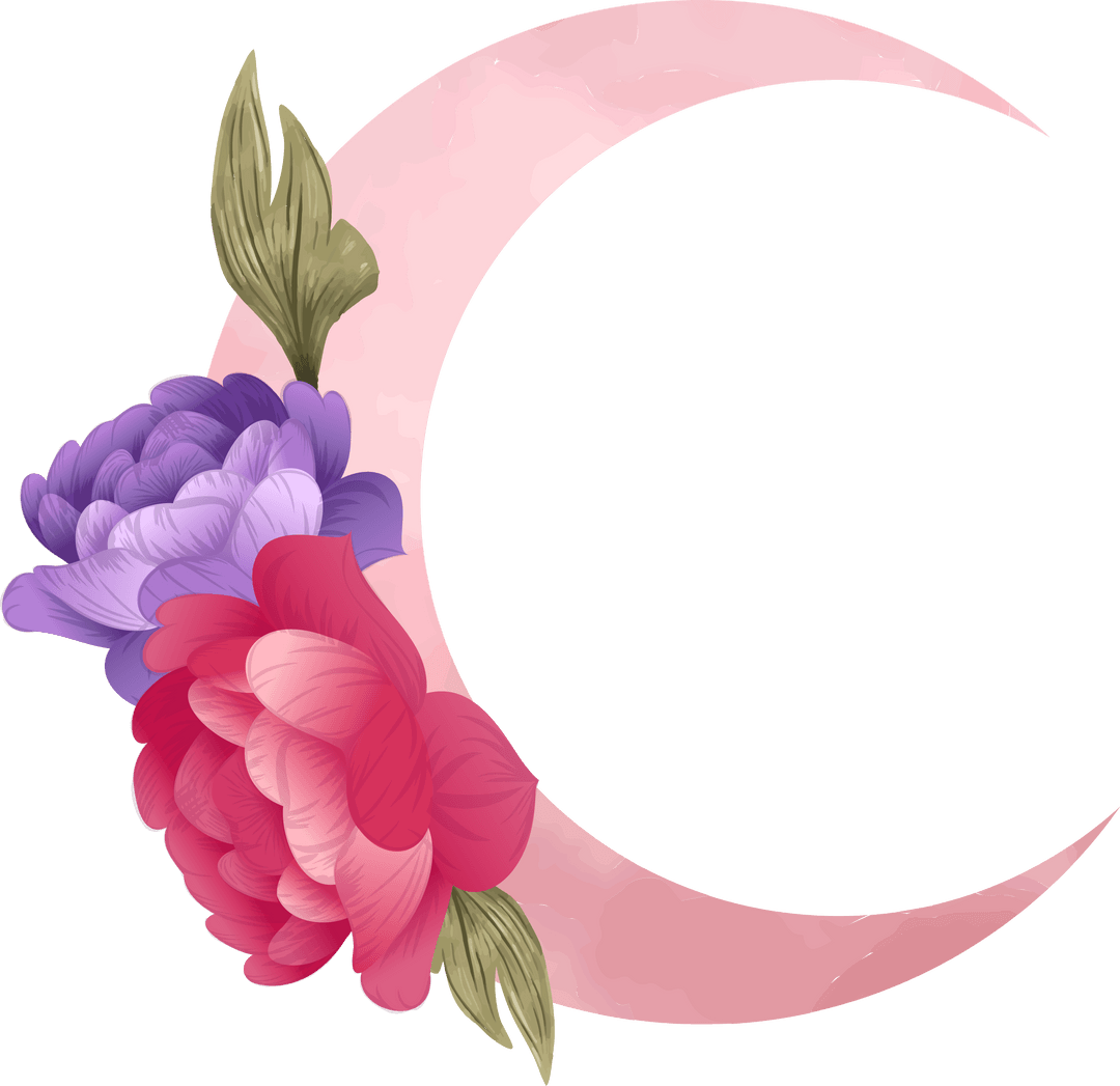 Transparent Crescent Moon with Vibrant Fantasy Blossoms and Leaves