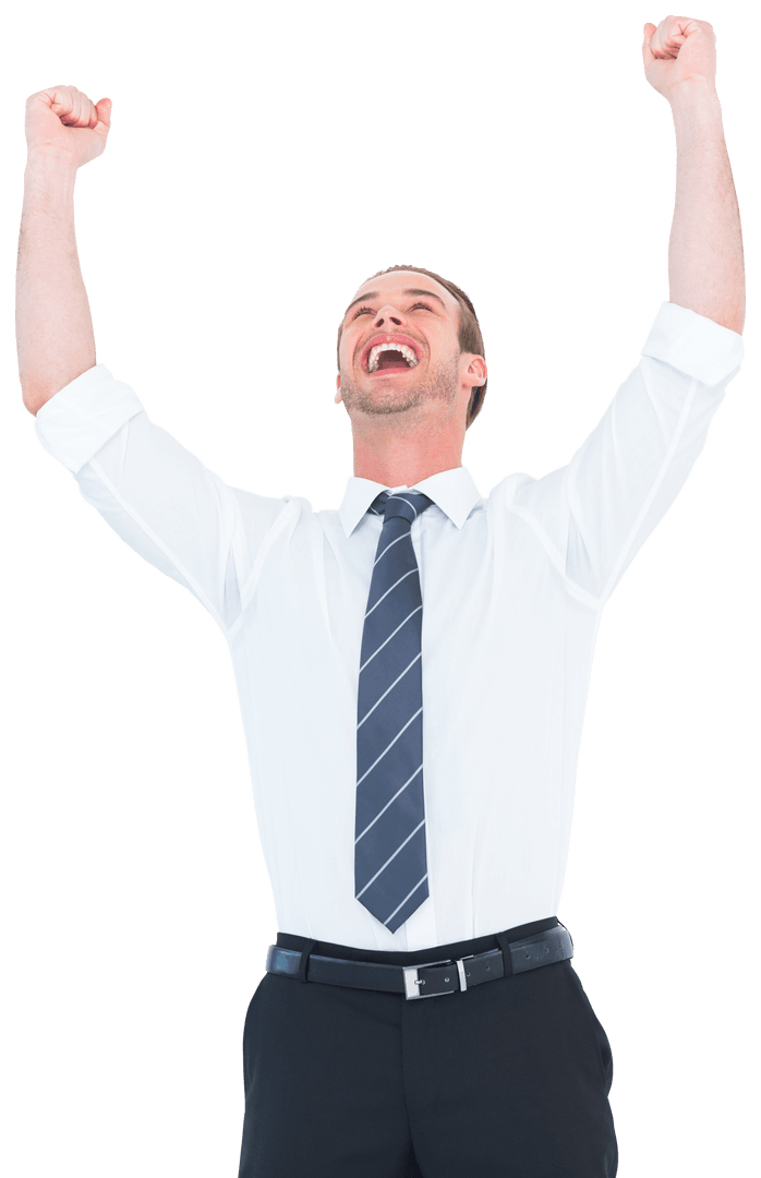 Transparent Excited Businessman Cheering with Arms Raised High