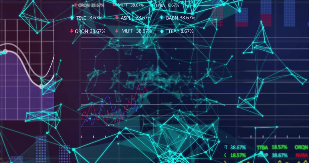 Futuristic Data Visualization with Teal Nodes and Stock Charts