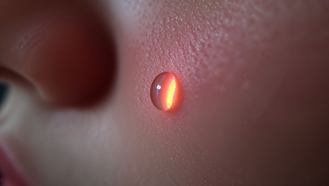Macro glossy droplet resting on facial skin reflecting orange-red light, teardrop detail