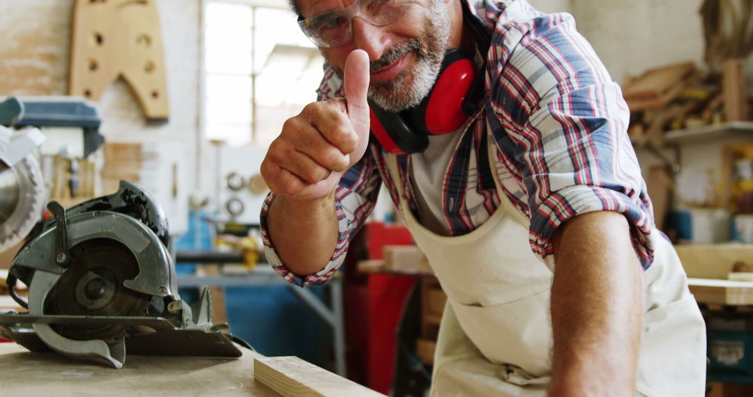 Confident Carpenter Giving Thumbs-Up in Workshop - Free Images, Stock Photos and Pictures on Pikwizard.com