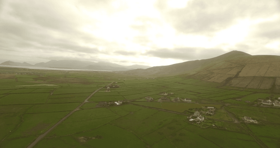 Drone Aerial Transparent View over Rural Irish Countryside at Sunset
