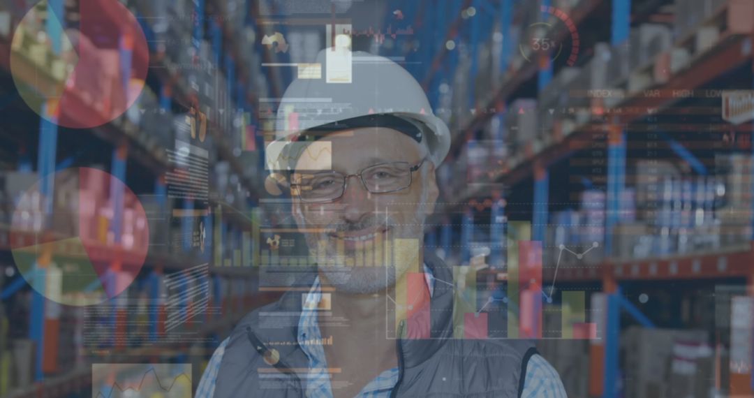 Warehouse Manager Overlayed with Digital Financial Data Visualization