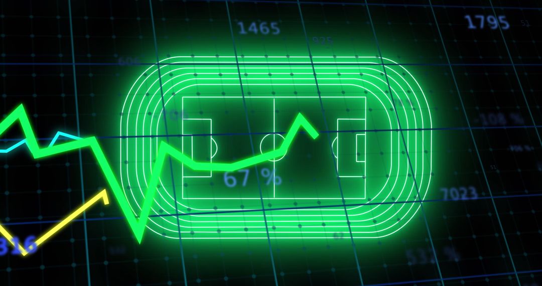 Neon Stadium with Data Graphics on Dark Background