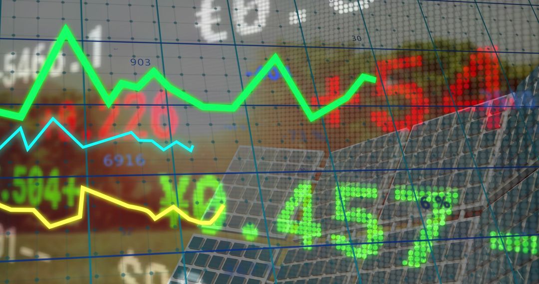 Data Processing Overlay on Solar Panels Reflects Green Tech Insights