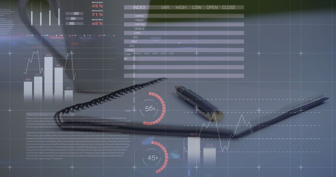 Infographic Interface Overlay with Pen, Report, and Coffee Cup