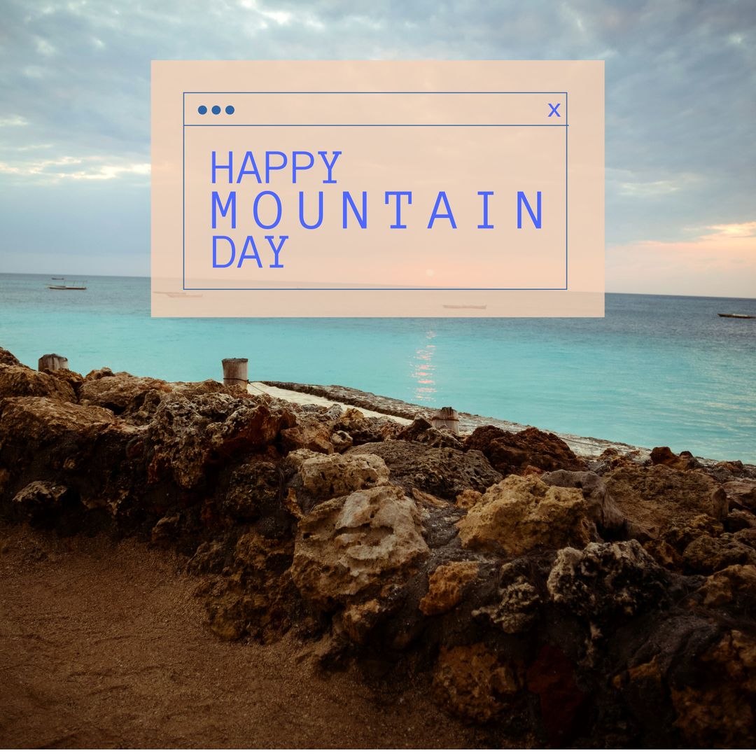 Happy Mountain Day over Coastal Seascape Advert