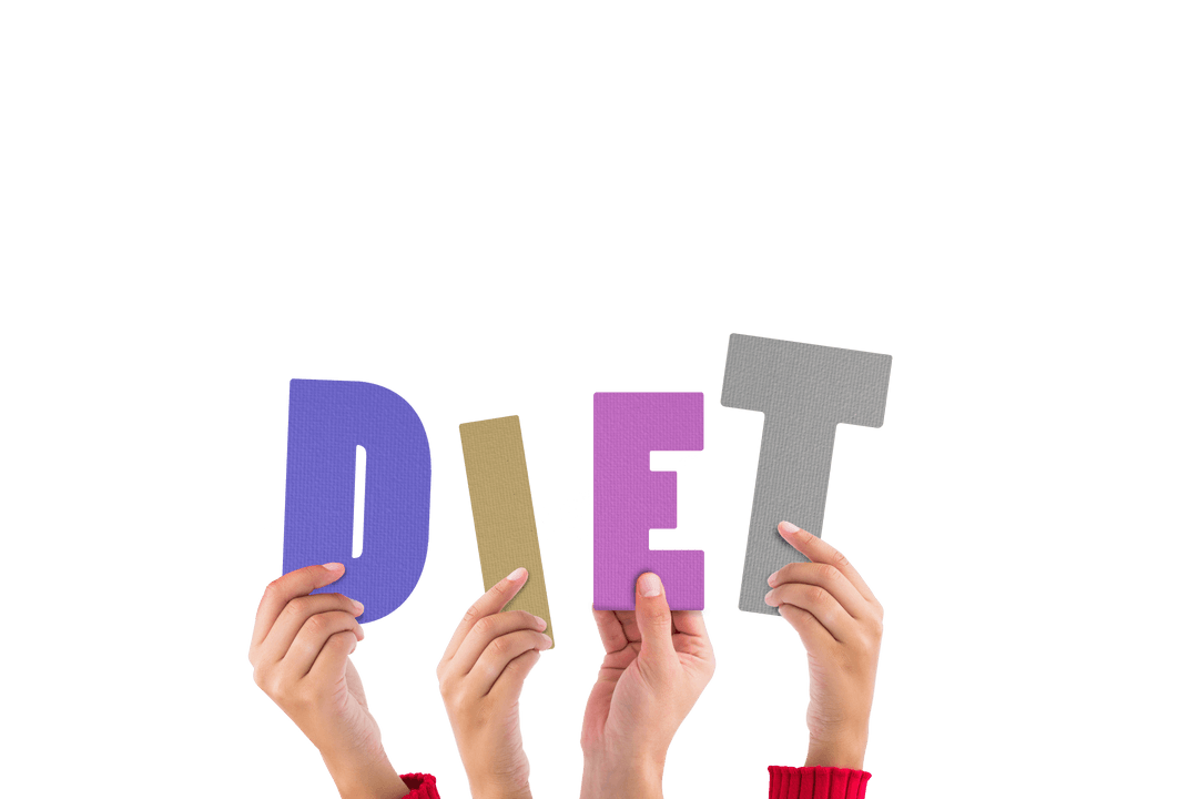 Hands Holding Colorful DIET Letters on Transparent Background