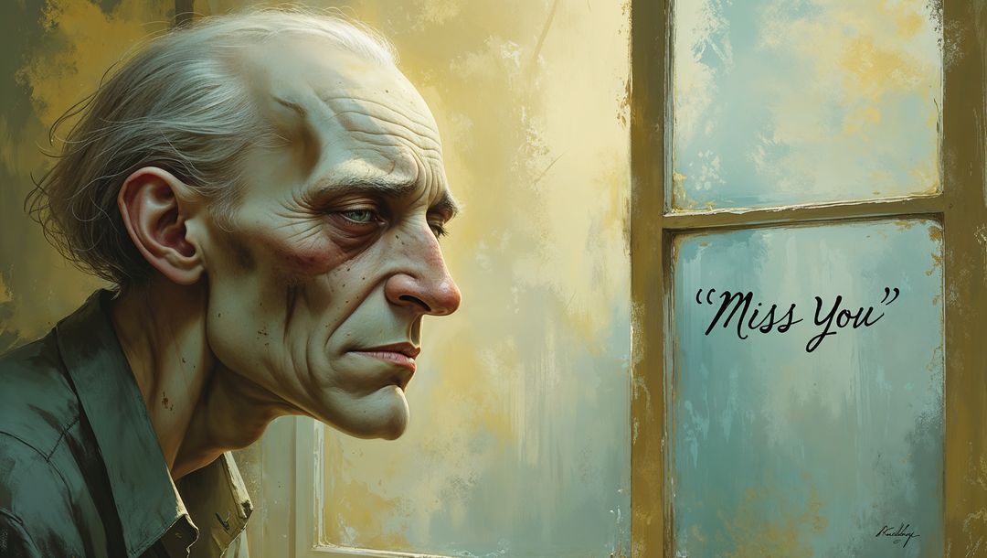 Elderly Man Gazes Through Window with 'Miss You' Text