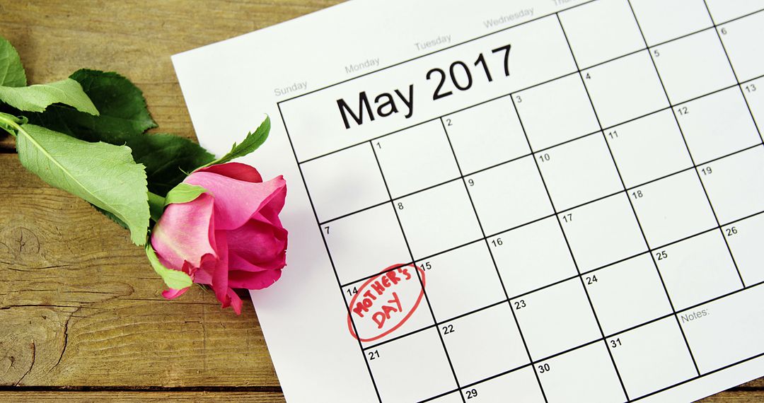 The May 2017 calendar page adorned with a pink rose celebrates Mother's Day and its significance. - Free Images, Stock Photos and Pictures on Pikwizard.com