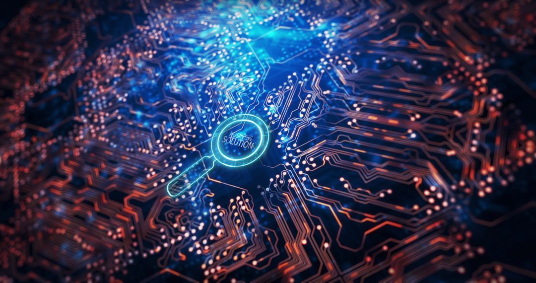 Digital Solutions Concept with Magnifying Glass on Circuit Board