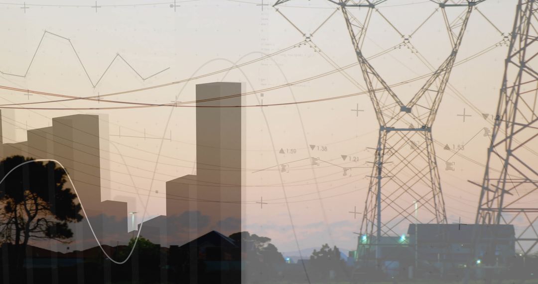 Transmission Tower and Power Lines with Data Graph Overlays at Dusk