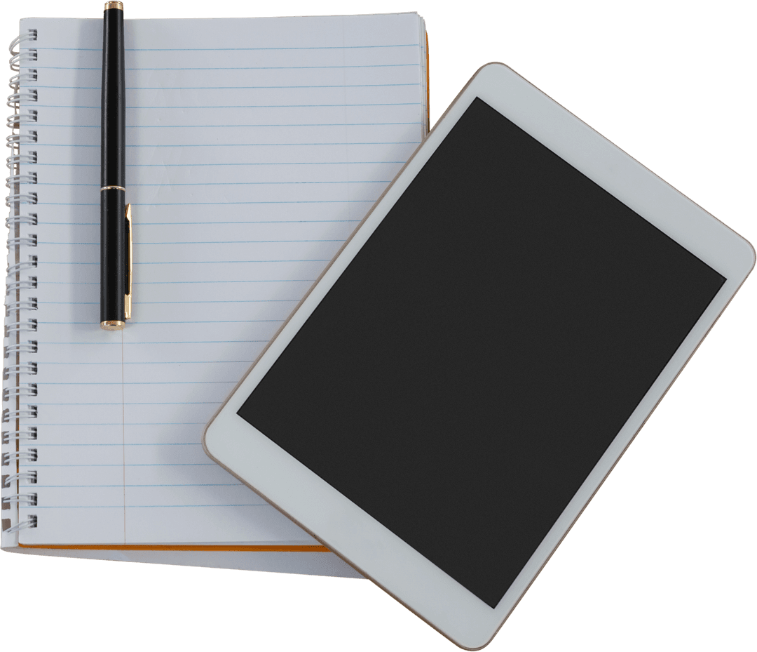 Tablet and Spiral Notebook with Black Pen on Transparent Background