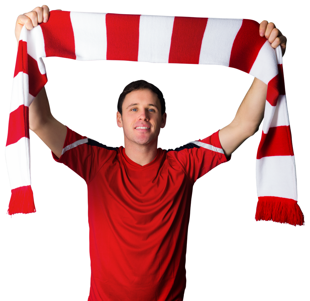 Happy transparent football fan holding red scarf cheering - Download Free Stock Images Pikwizard.com