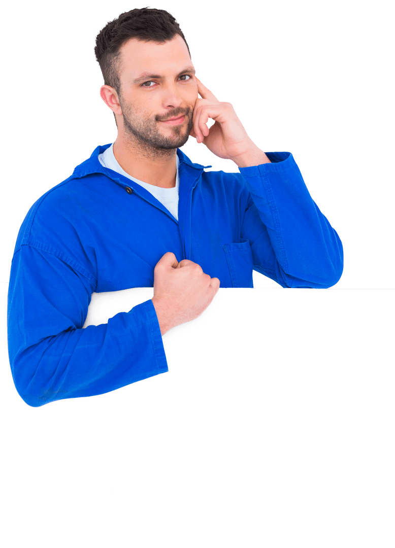 Handsome Mechanic with Blank Transparent Placard Standing Confidently