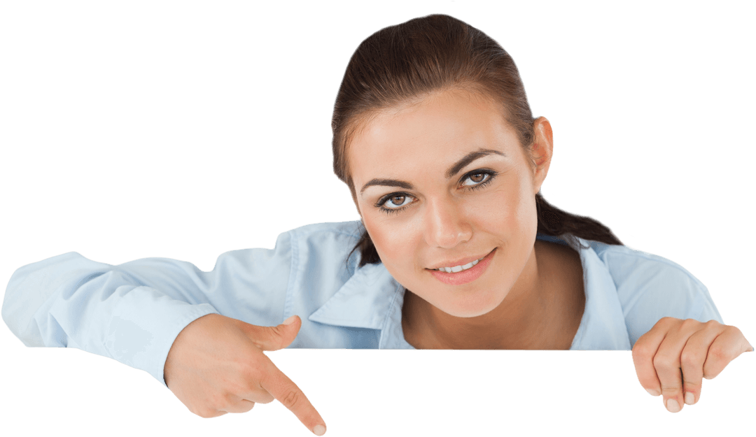 Smiling Businesswoman Pointing at Transparent Placeholder
