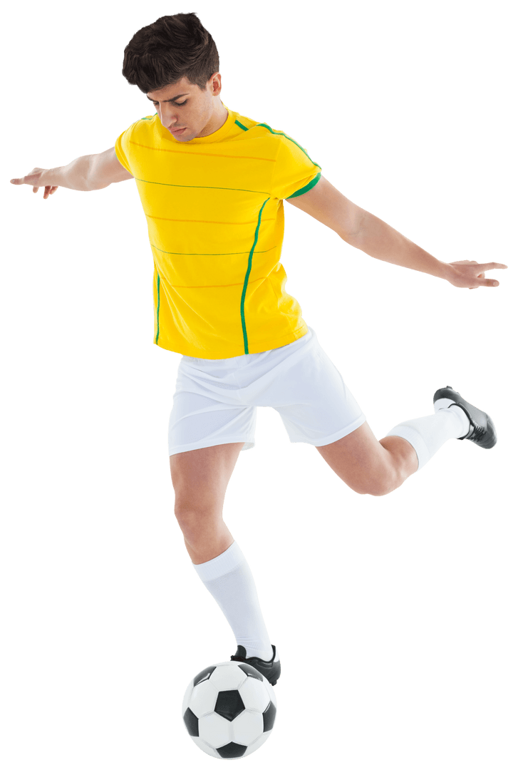 Focused Soccer Player Kicking Ball on Transparent Background