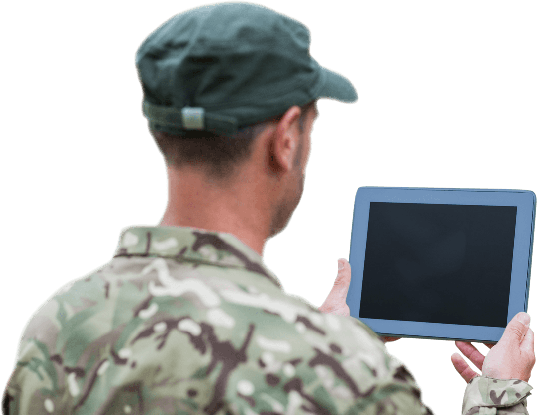 Caucasian Soldier Using Tablet on Transparent Background: Tech in Military