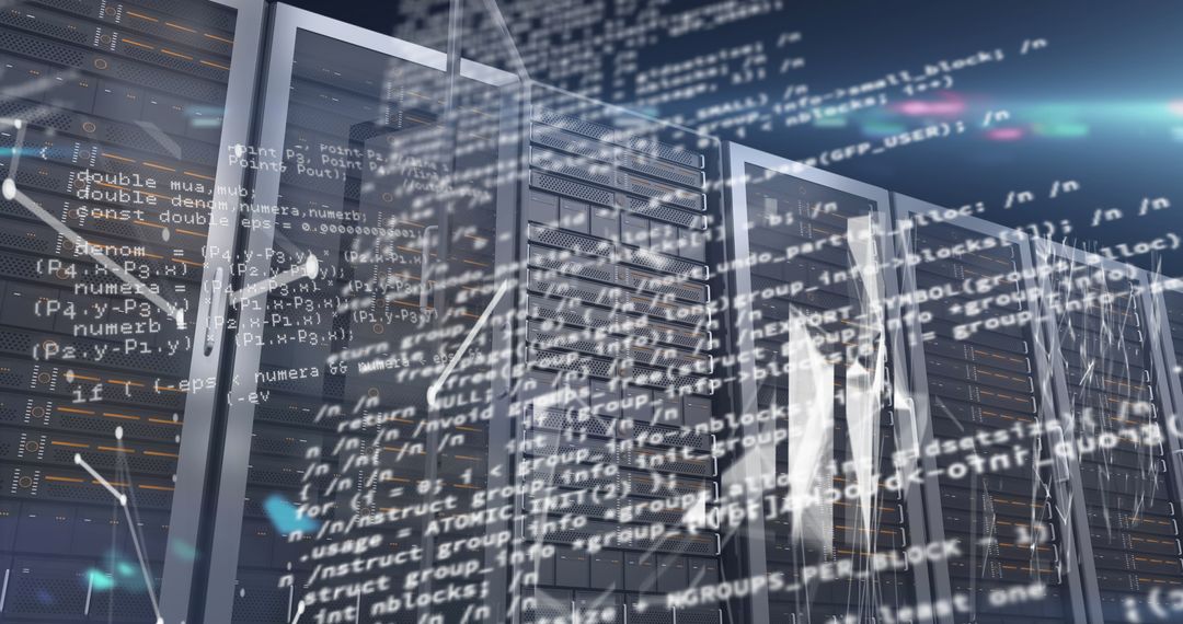 Digital code and server room represents data processing