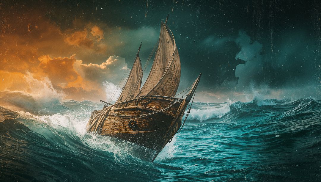 Weathered Sailboat Battling Ocean Waves at Sunset