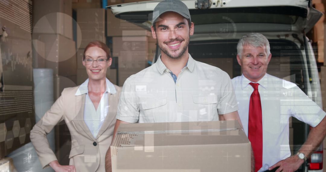 Team of Logistics Professionals with Parcel Delivery in Warehouse